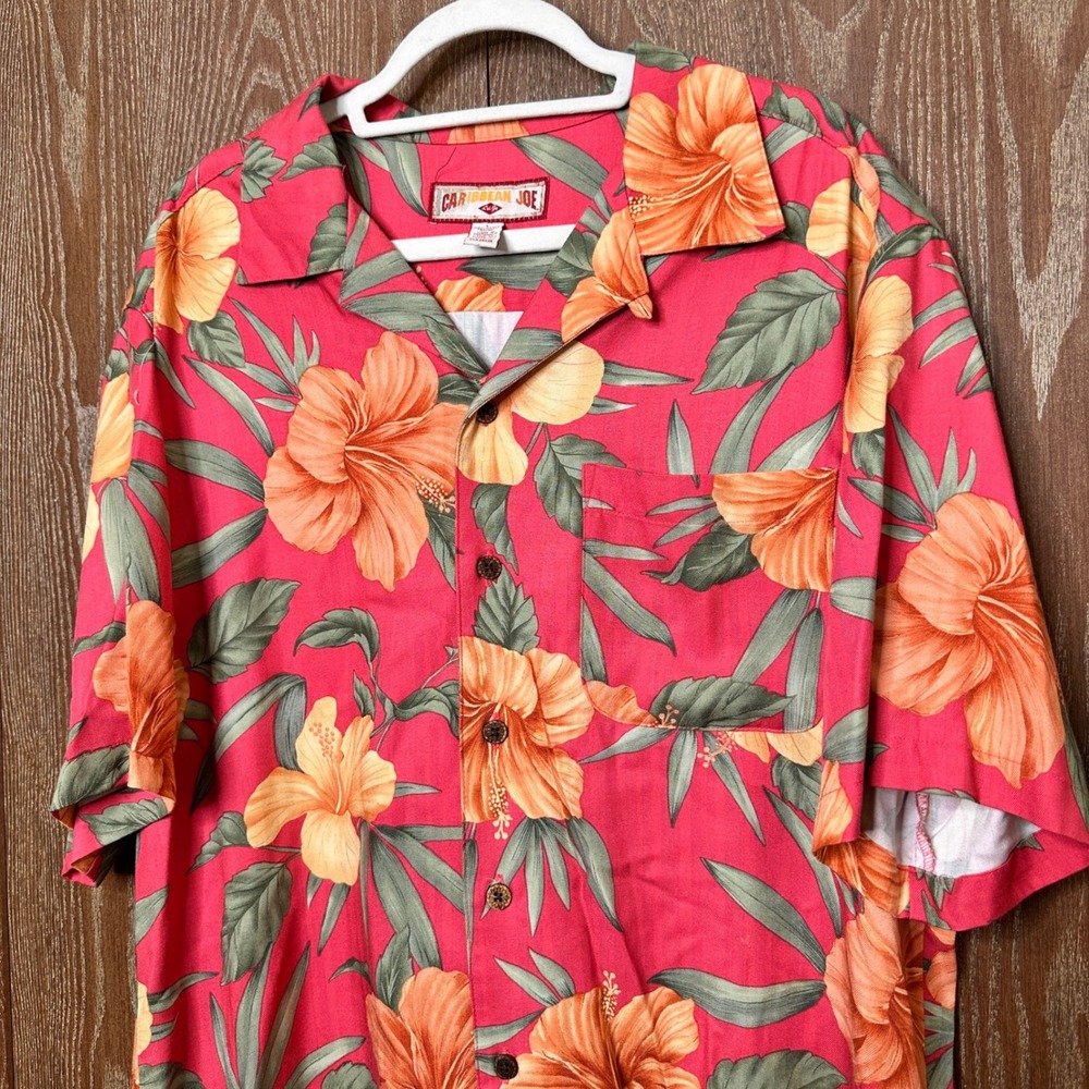 Caribbean Joe Mens Large Pink Floral Hibiscus Rayon Short Sleeve Camp Shirt 0977 - Picture 3 of 9